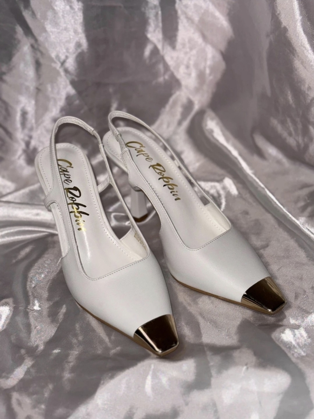 Cape Robbin White Slingback Pumps with Metallic Gold Toe